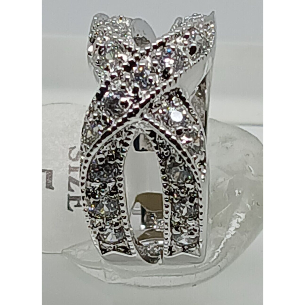 Elegant Vintage Jewelry Sterling Silver Cross-Over Simulated Diamond Ring Size 5